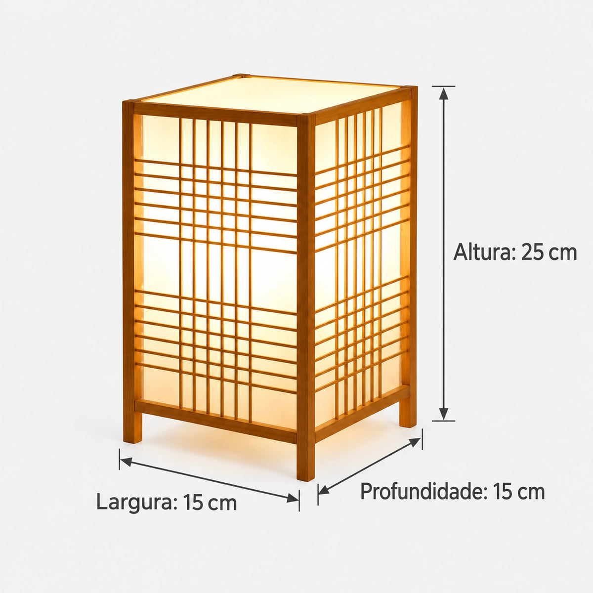Medidas da luminária de mesa Shoji: altura de 25 cm, largura de 15 cm e profundidade de 15 cm.