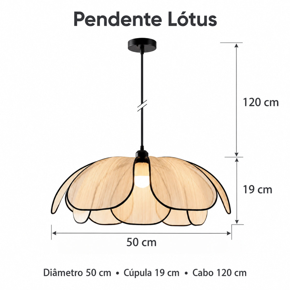 Pendente Lótus com proporções corrigidas: diâmetro de 50 cm, altura da cúpula de 19 cm e cabo de 120 cm.