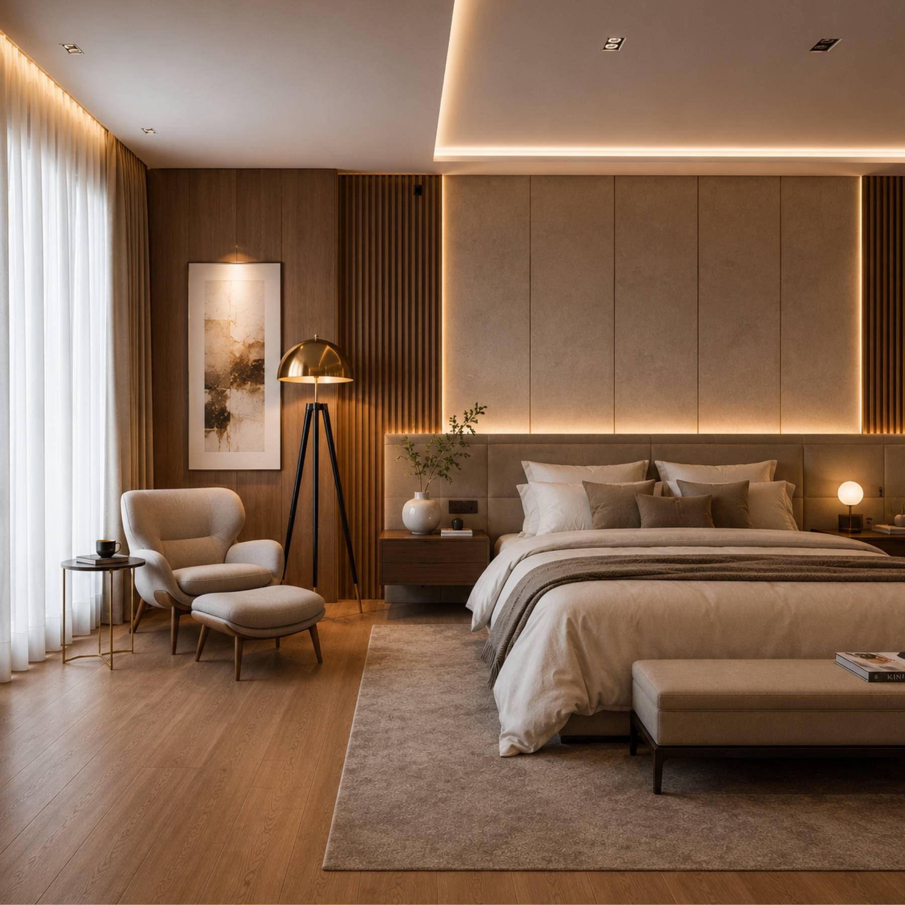 Luminária de chão Nordic dourada em ambiente contemporâneo