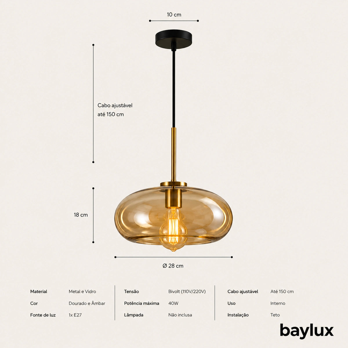 Medidas da luminária pendente Cognac de 28 cm