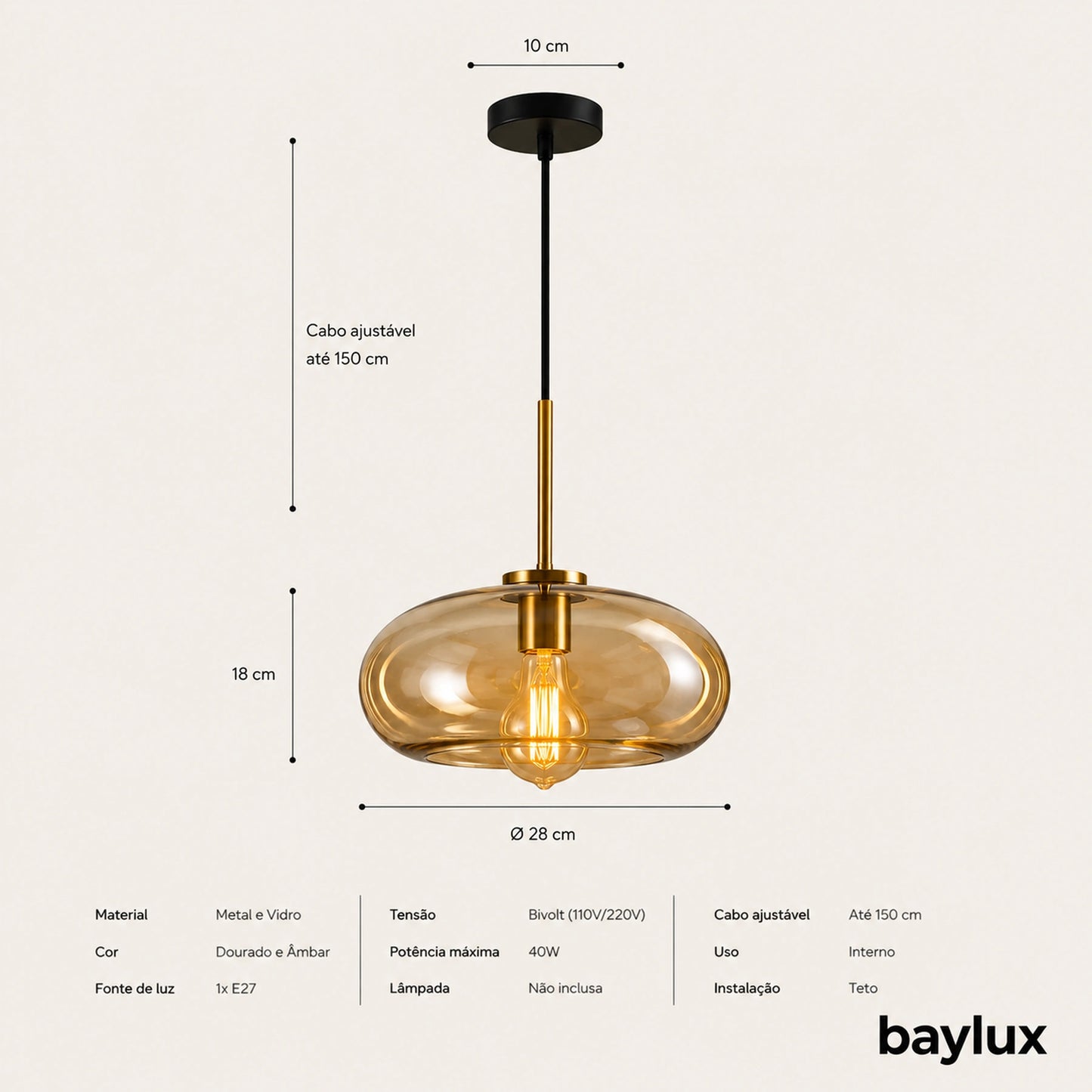 Medidas da luminária pendente cognac 28 cm em vidro âmbar