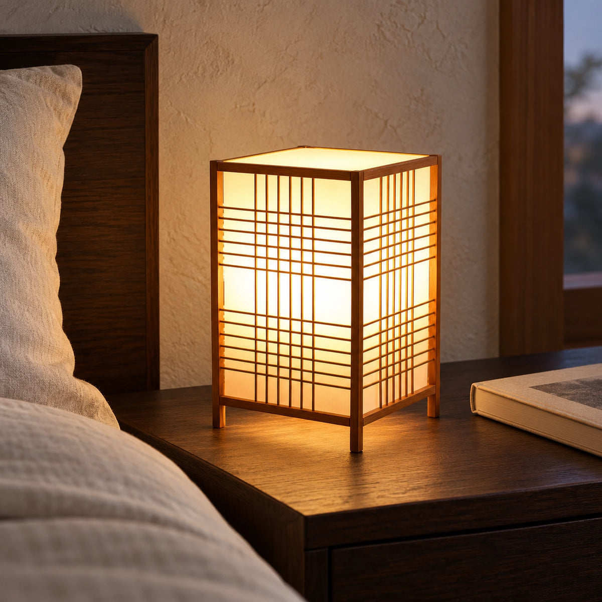 Luminária de mesa Shoji acesa sobre mesa de cabeceira em quarto Japandi com linho e madeira.