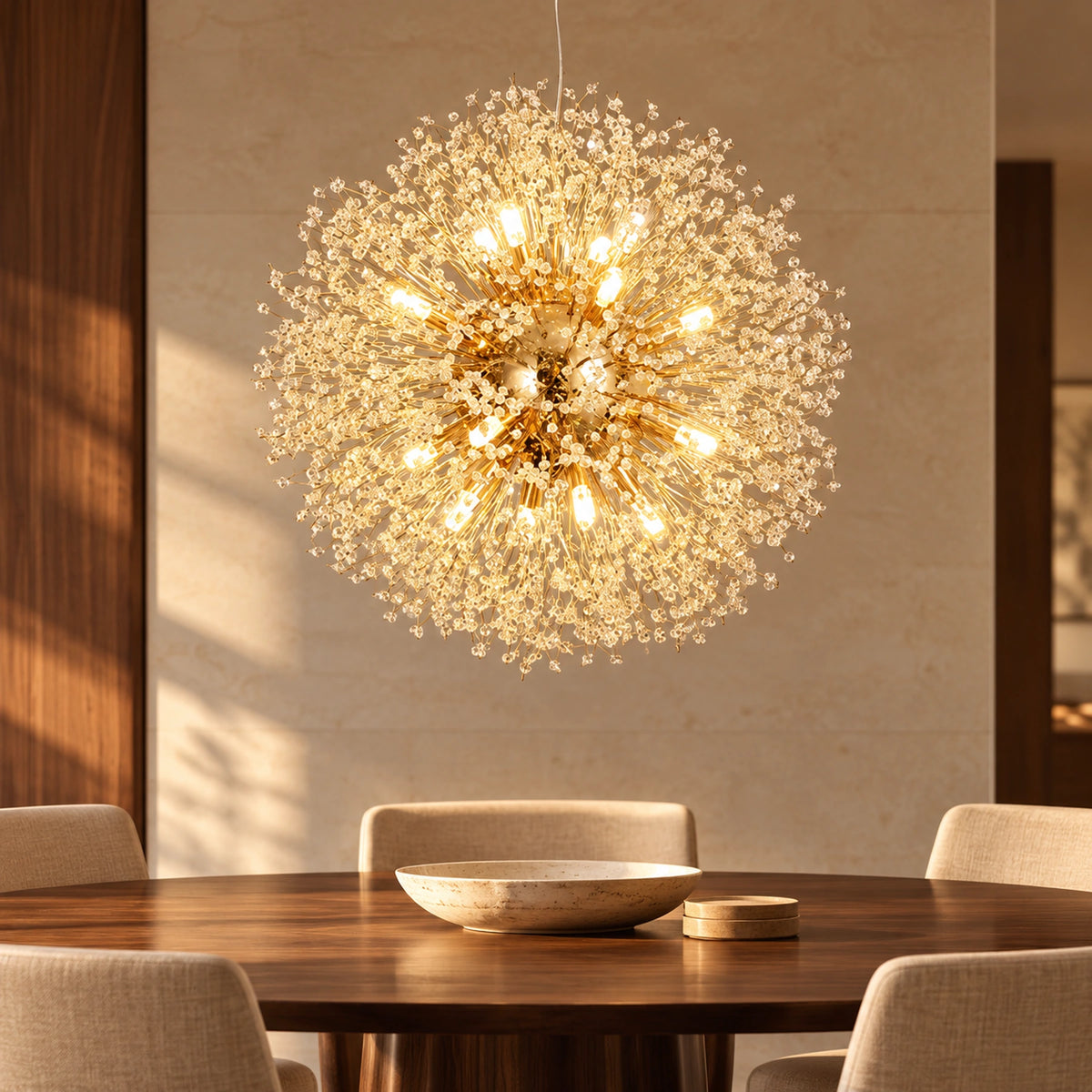 Pendente Dente-de-Leão dourado sobre mesa de jantar em ambiente contemporâneo com madeira e pedra.