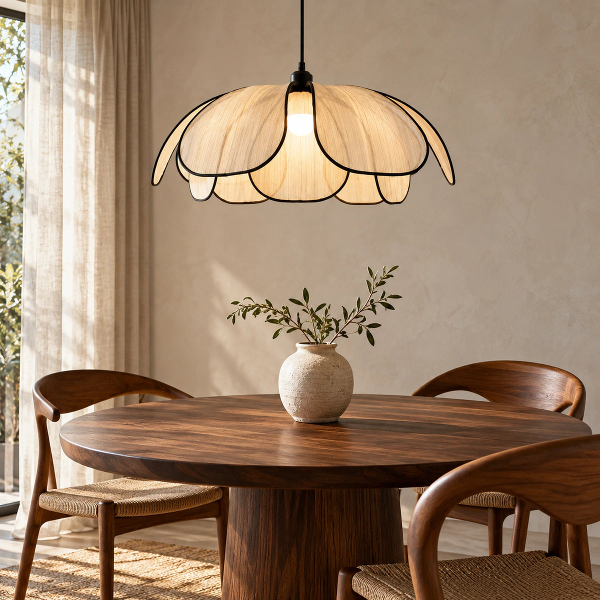 Pendente Lótus de 50 cm sobre mesa de madeira em sala de jantar contemporânea.