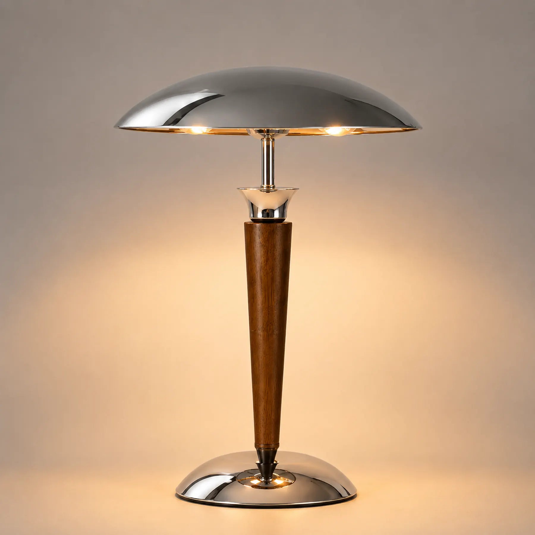 Luminária de mesa Nilo acesa com luz quente direcionada