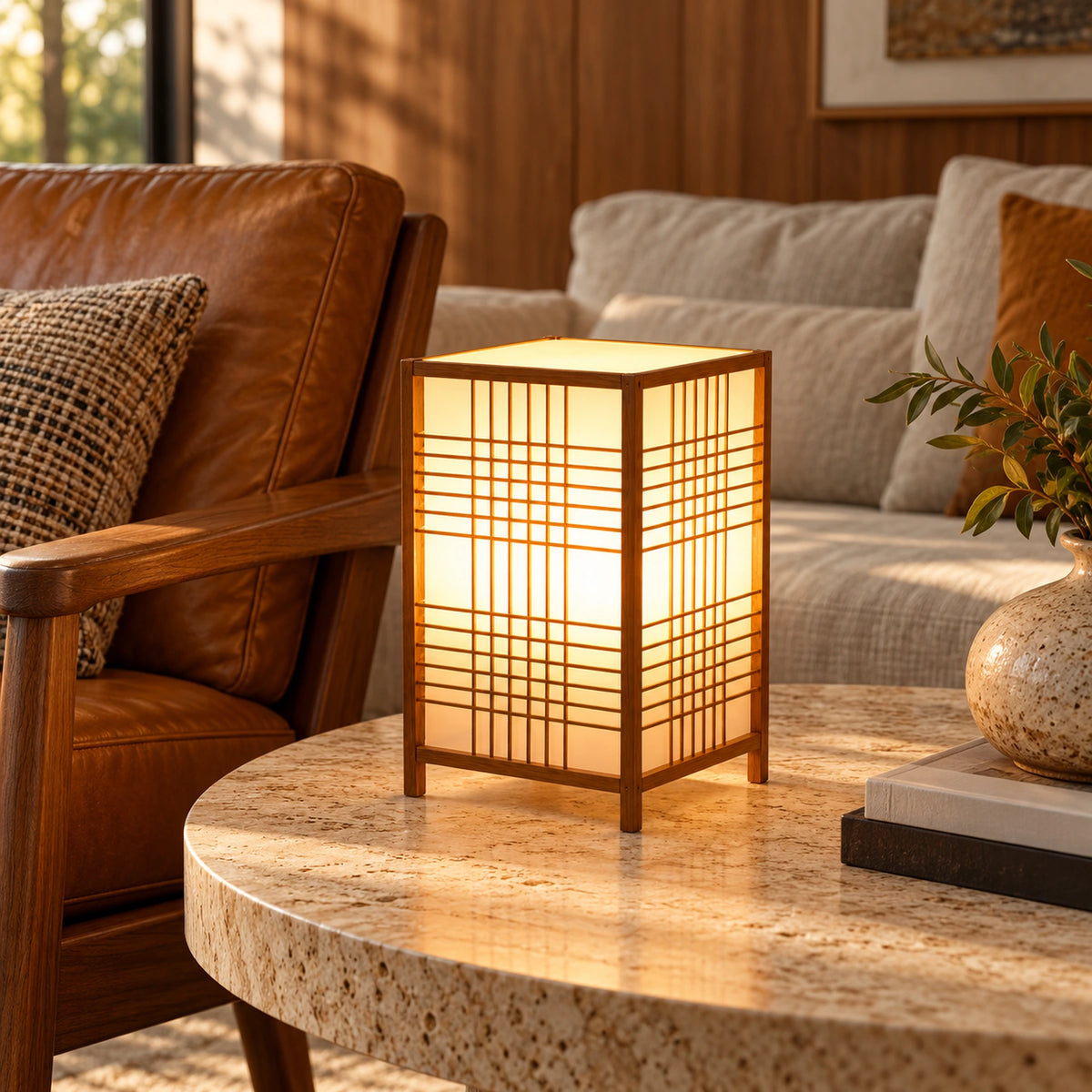 Luminária de mesa Shoji acesa sobre mesa de travertino em sala com poltrona de couro e sofá de linho.