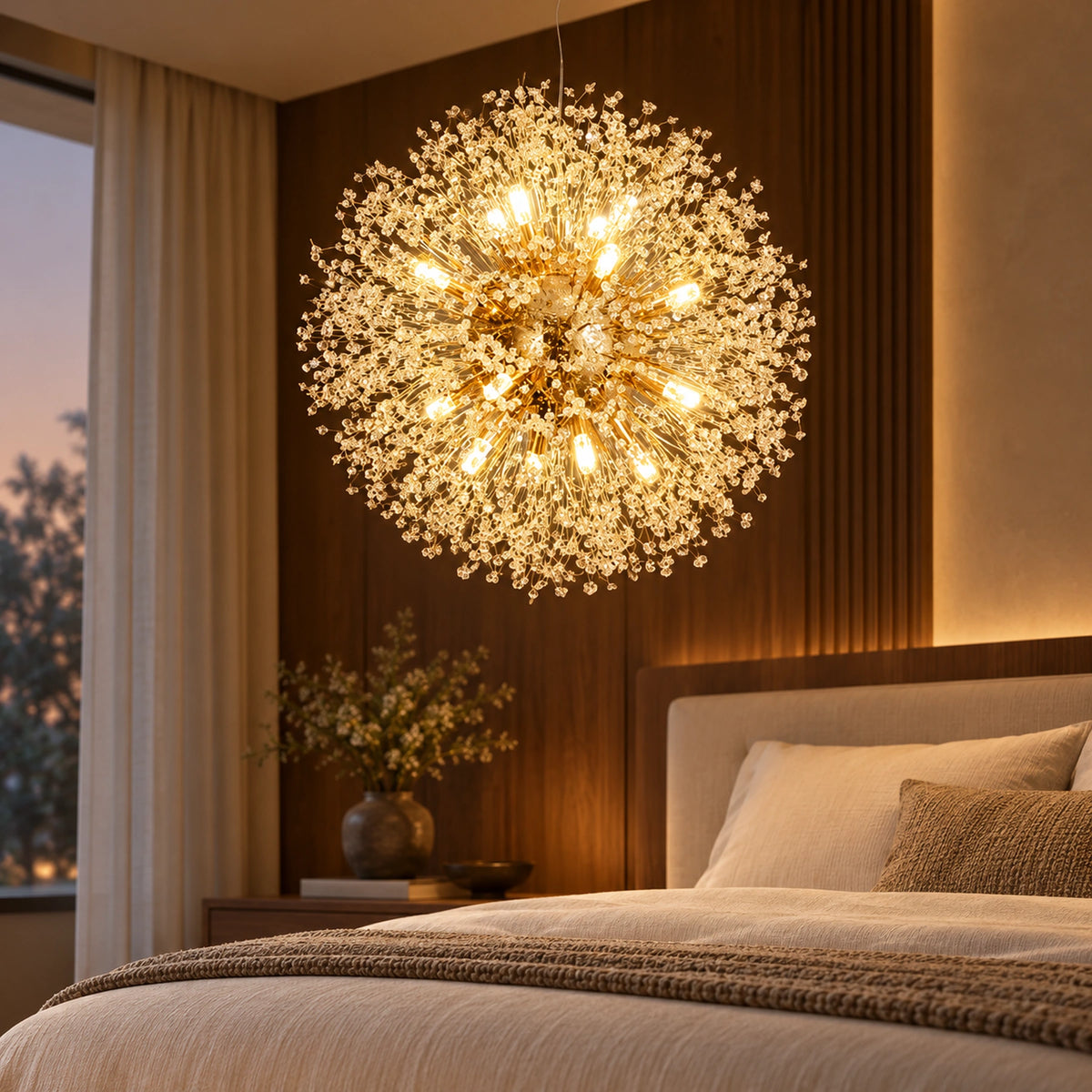 Pendente Dente-de-Leão aceso em quarto com cama de linho e parede em madeira.