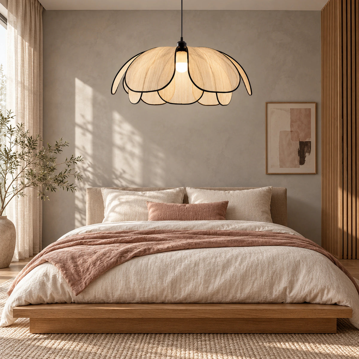 Pendente Lótus de 50 cm em quarto Japandi com cama de linho e madeira.