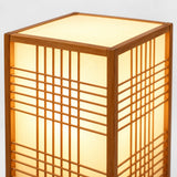 Close-up da parte superior da luminária de mesa Shoji, com trama geométrica e painéis iluminados.