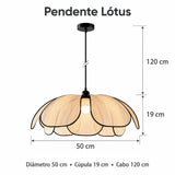 Pendente Lótus com proporções corrigidas: diâmetro de 50 cm, altura da cúpula de 19 cm e cabo de 120 cm.