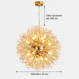 Pendente Dente-de-Leão dourado com diâmetro de 55 cm e cabo de suspensão ajustável até 100 cm.