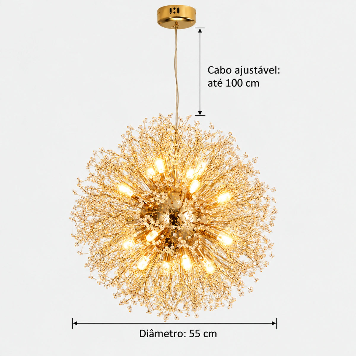 Pendente Dente-de-Leão dourado com diâmetro de 55 cm e cabo de suspensão ajustável até 100 cm.