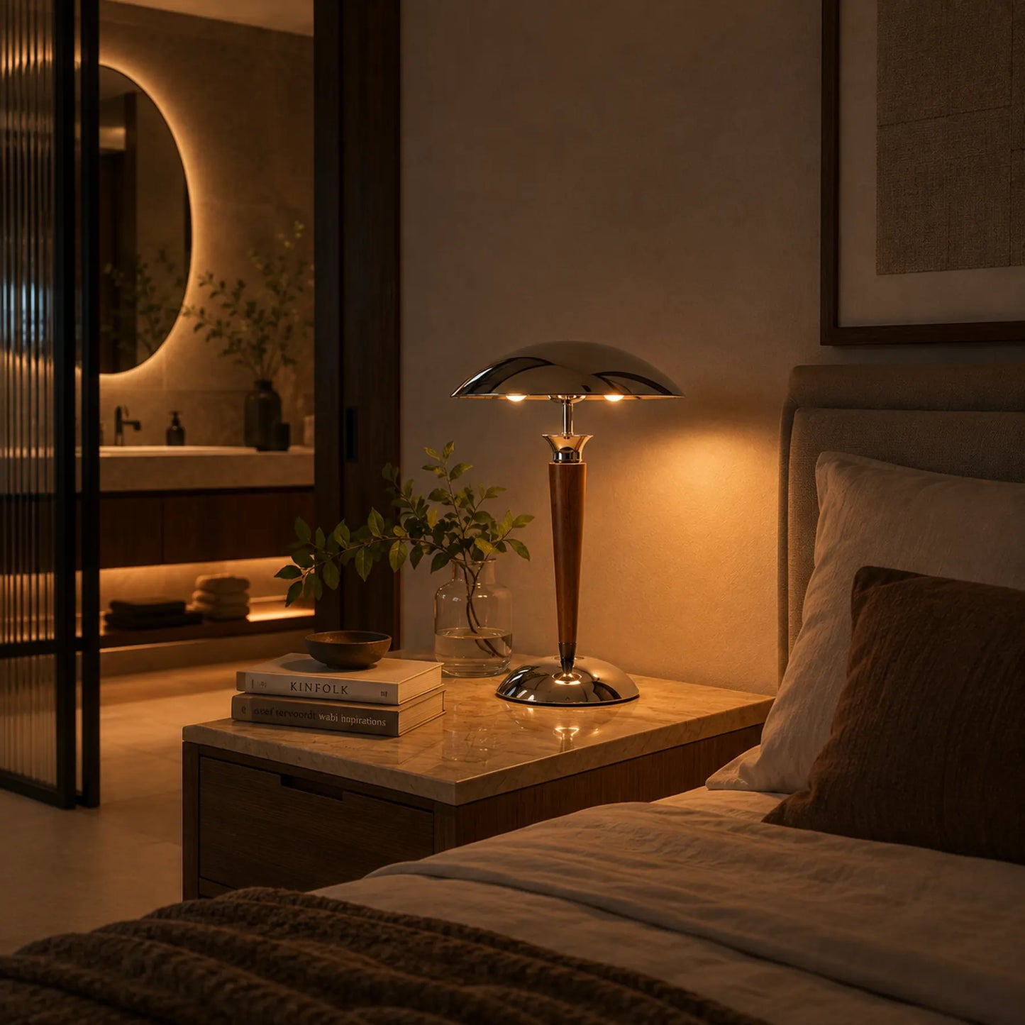 Luminária de mesa Nilo para quarto sobre criado-mudo de pedra e madeira