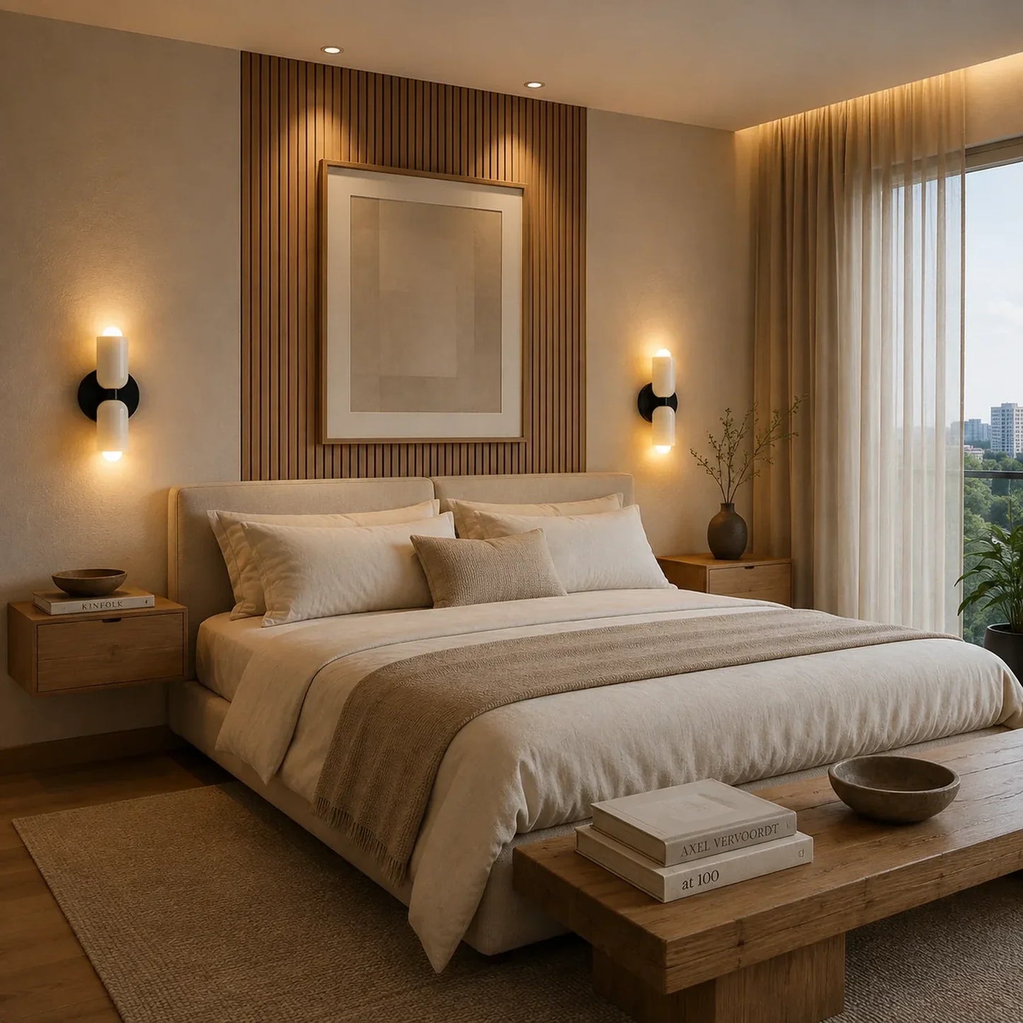 Par de arandelas Poá na decoração de quarto de casal