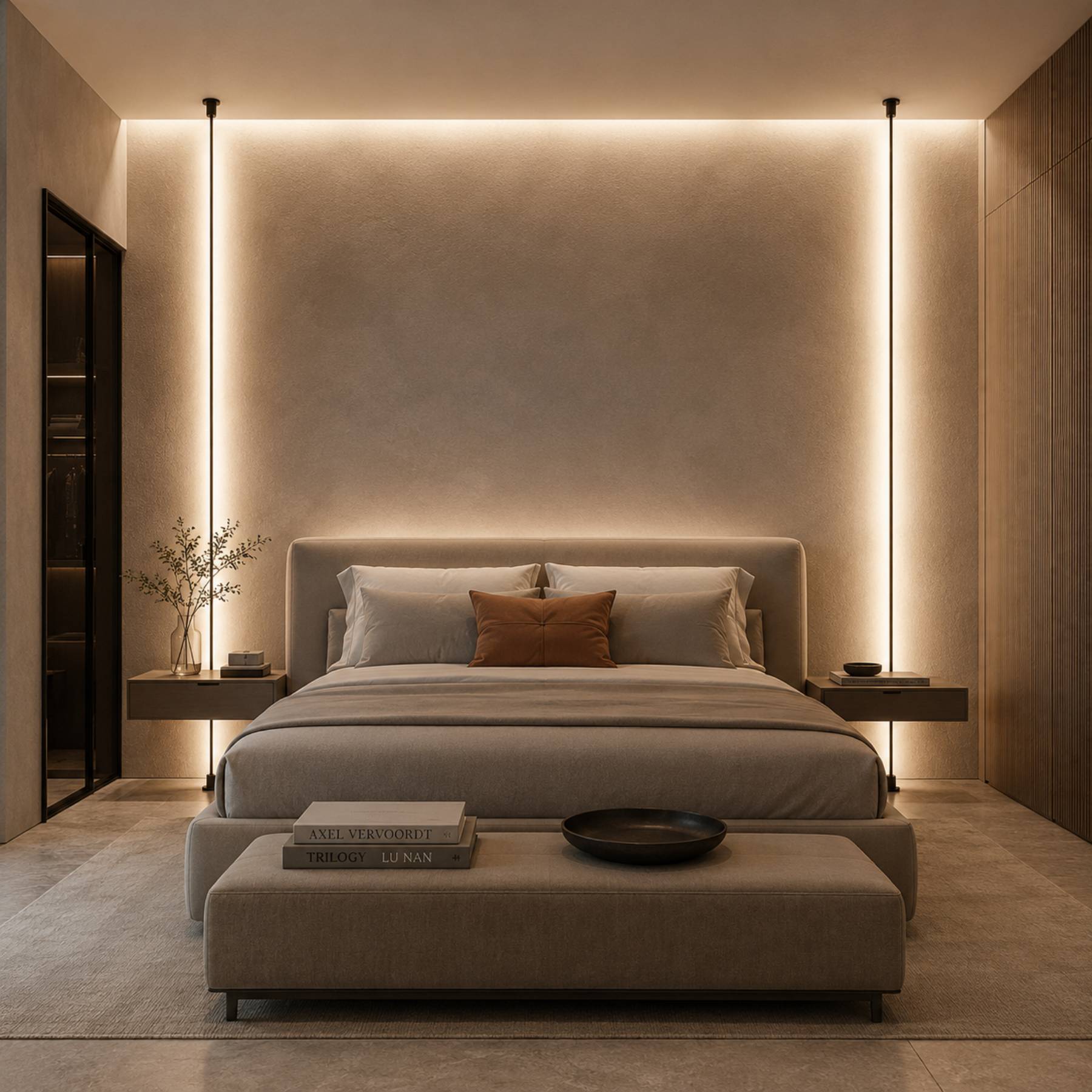 Luminária Linear Linea preta instalada em ambiente contemporâneo