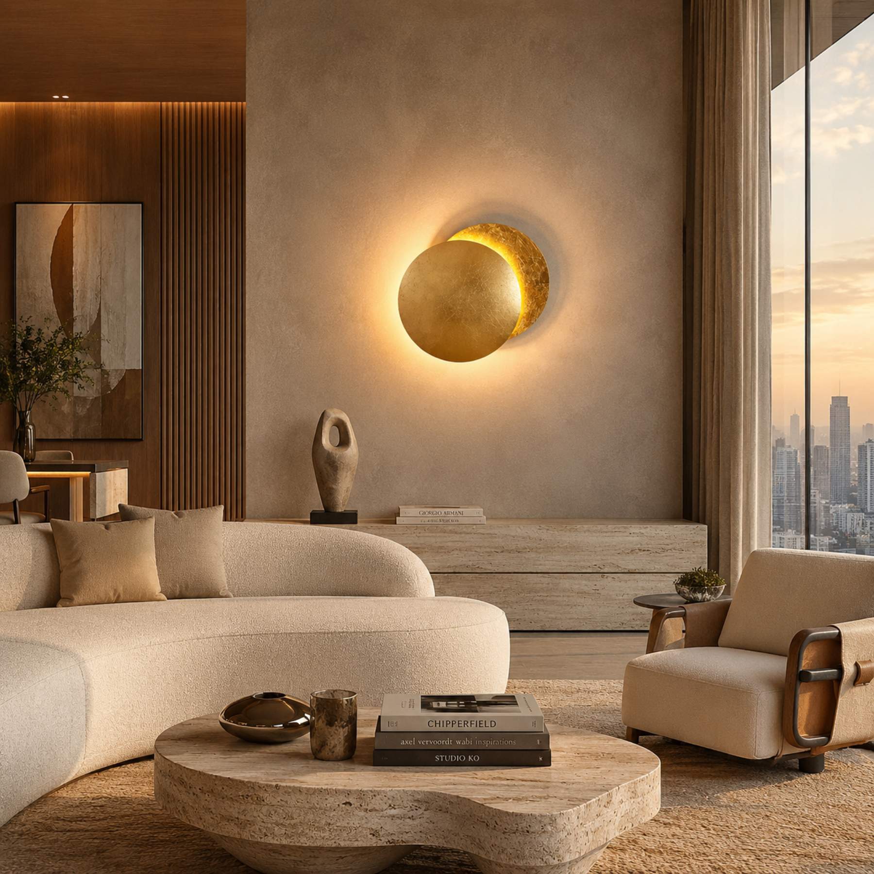 Arandela Eclipse dourada com luz indireta em ambiente contemporâneo