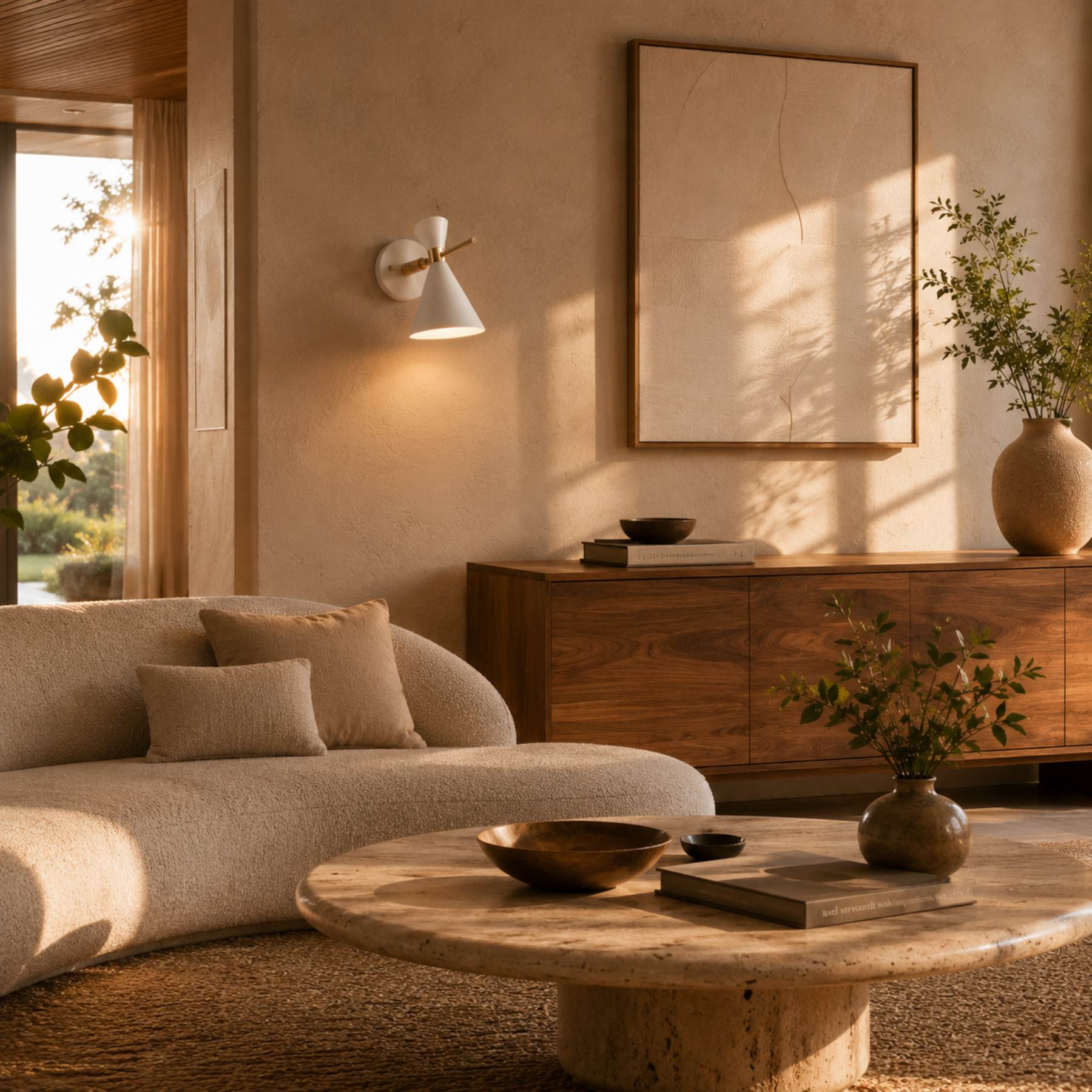 Arandela Cone branca, dourada e com detalhe em madeira em ambiente contemporâneo