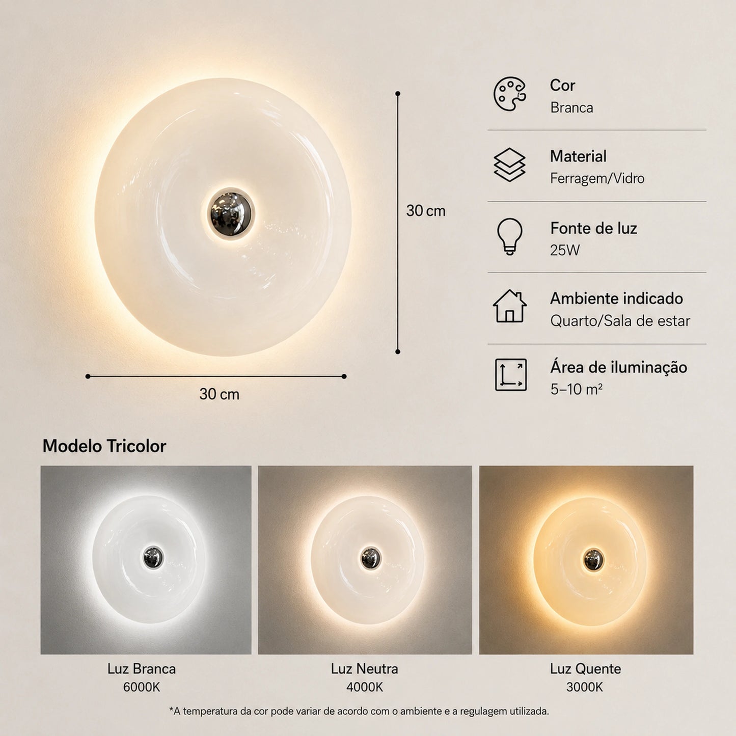 Arandela LED tricolor Retrô 30 cm em vidro branco