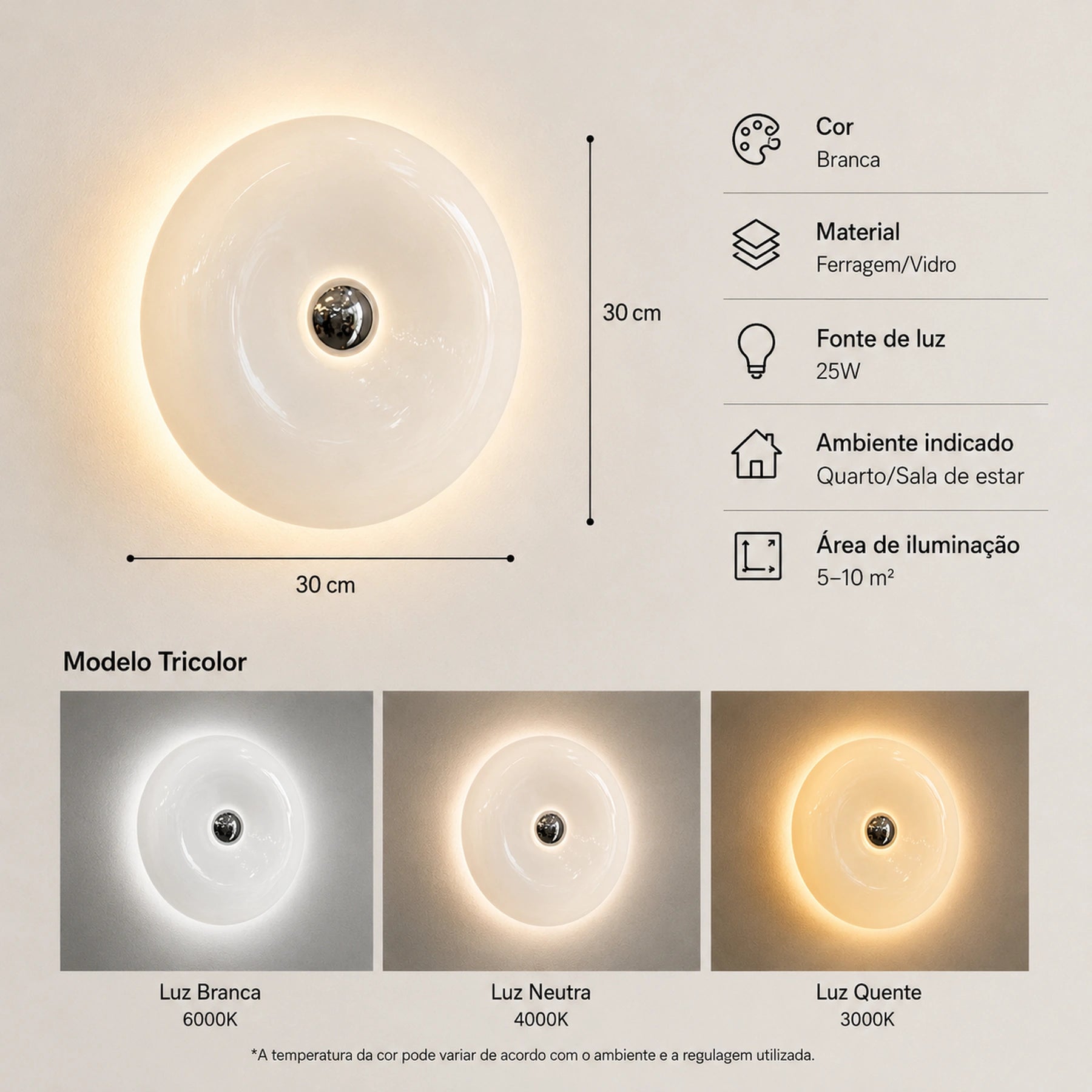 Arandela LED tricolor Retrô 30 cm em vidro branco