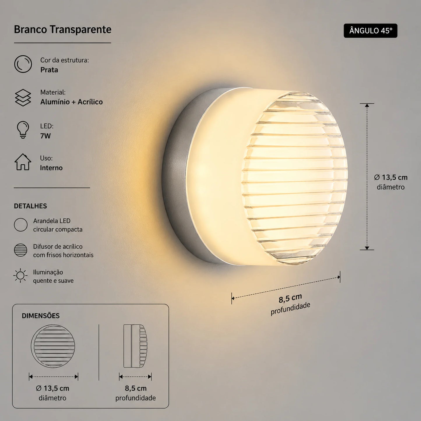 Arandela Redonda LED Prisma | Prata e Acrílico