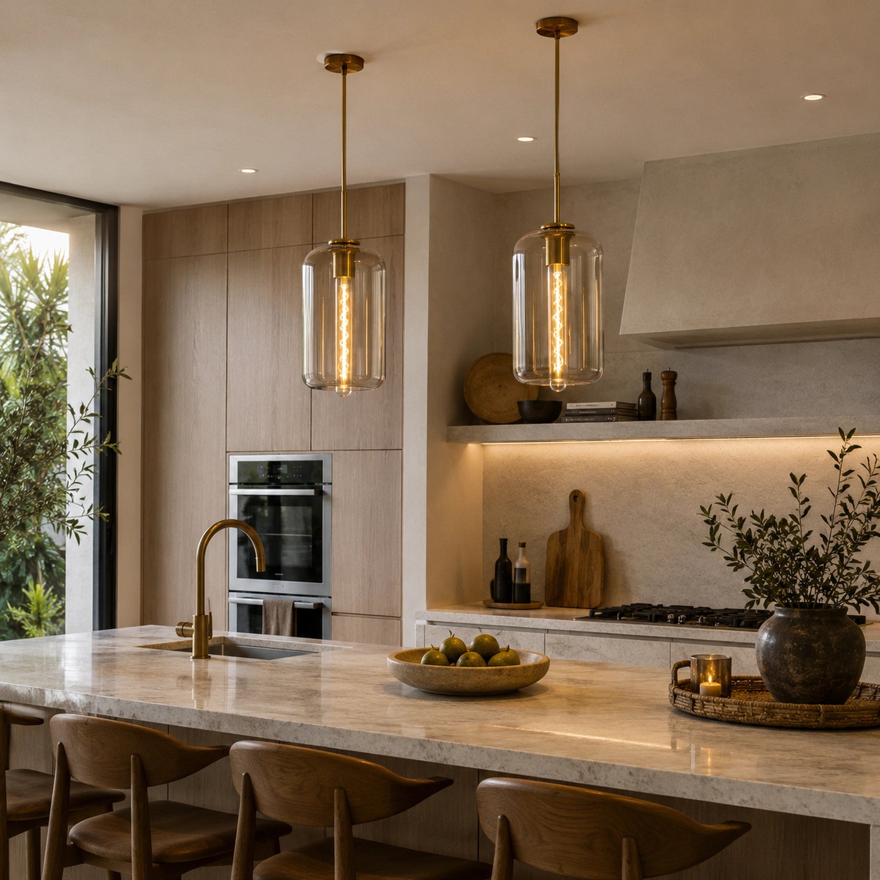 Luminárias pendentes cilíndricas de vidro âmbar sobre ilha de cozinha