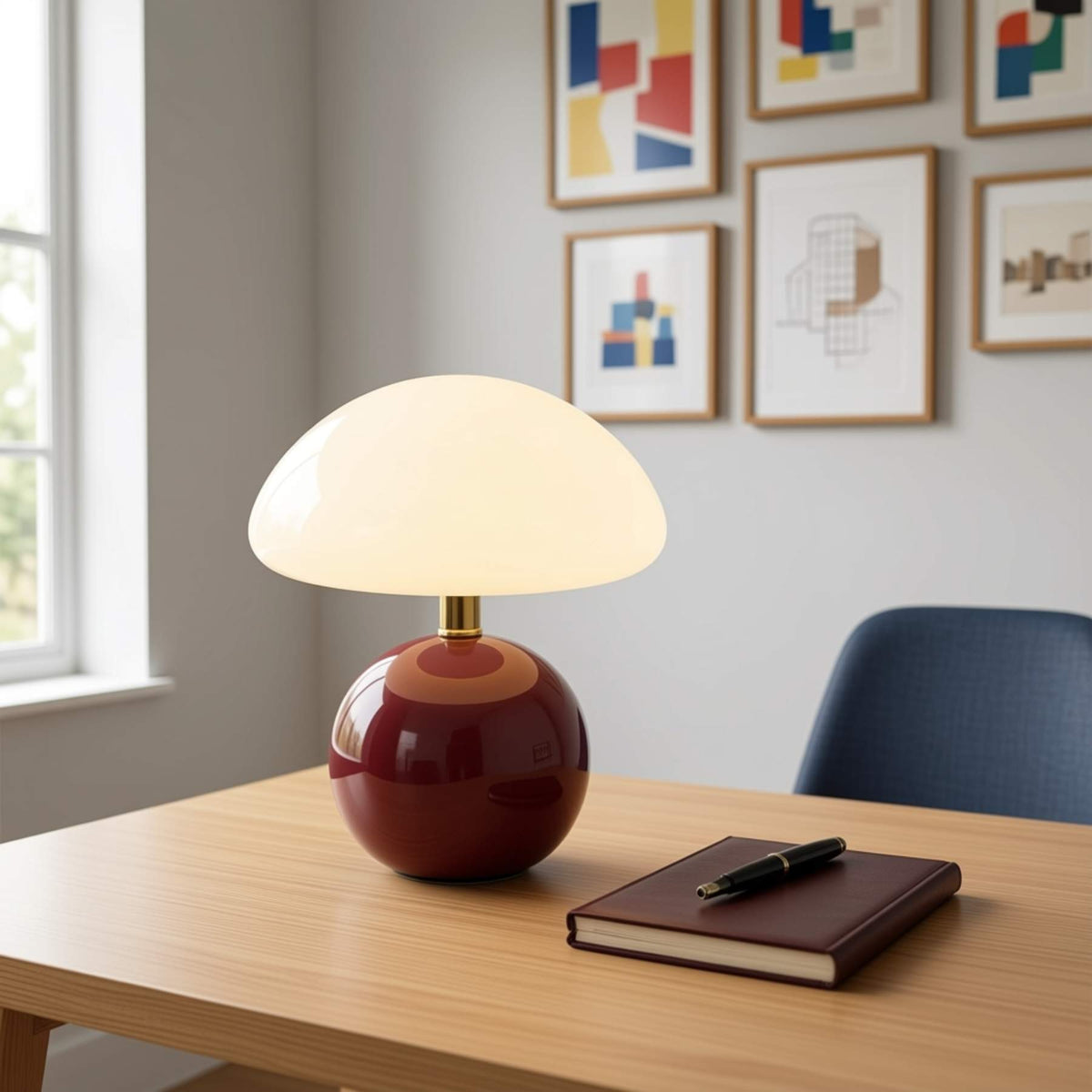 Luminária de Mesa Cogumelo Bordô em ambiente acolhedor