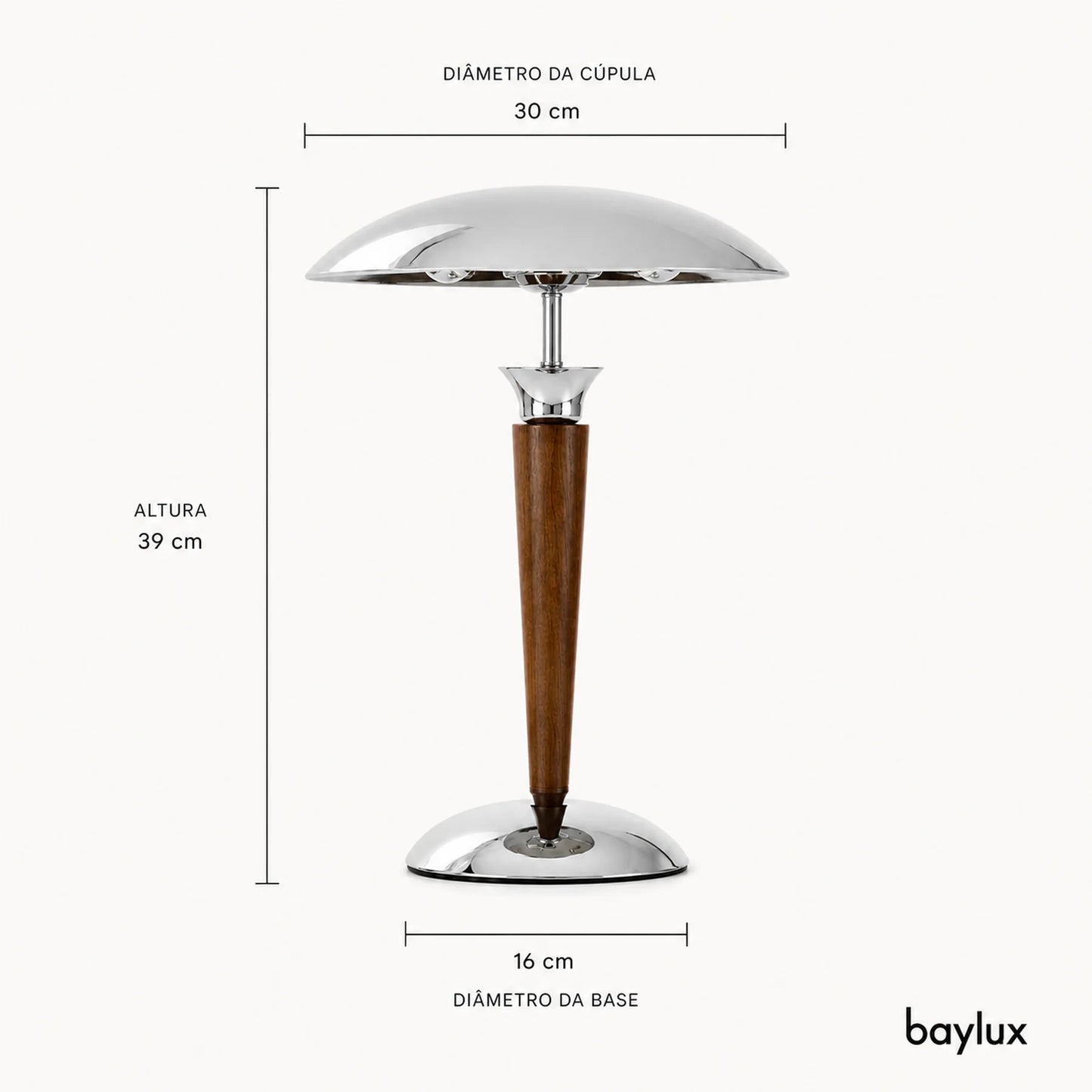 Medidas da Luminária de Mesa Nilo BayLux: 39 cm de altura, cúpula de 30 cm e base de 16 cm