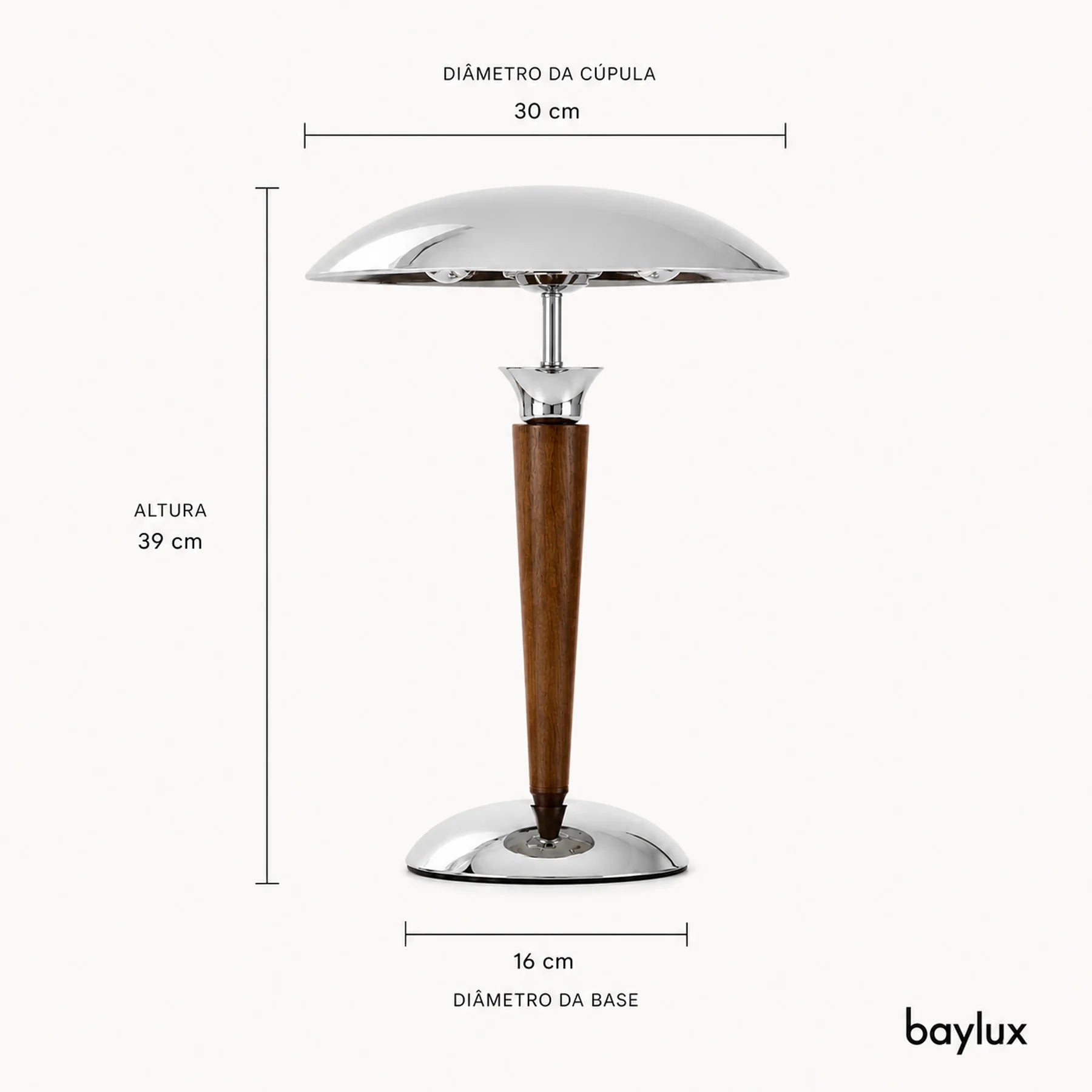 Medidas da Luminária de Mesa Nilo BayLux: 39 cm de altura, cúpula de 30 cm e base de 16 cm