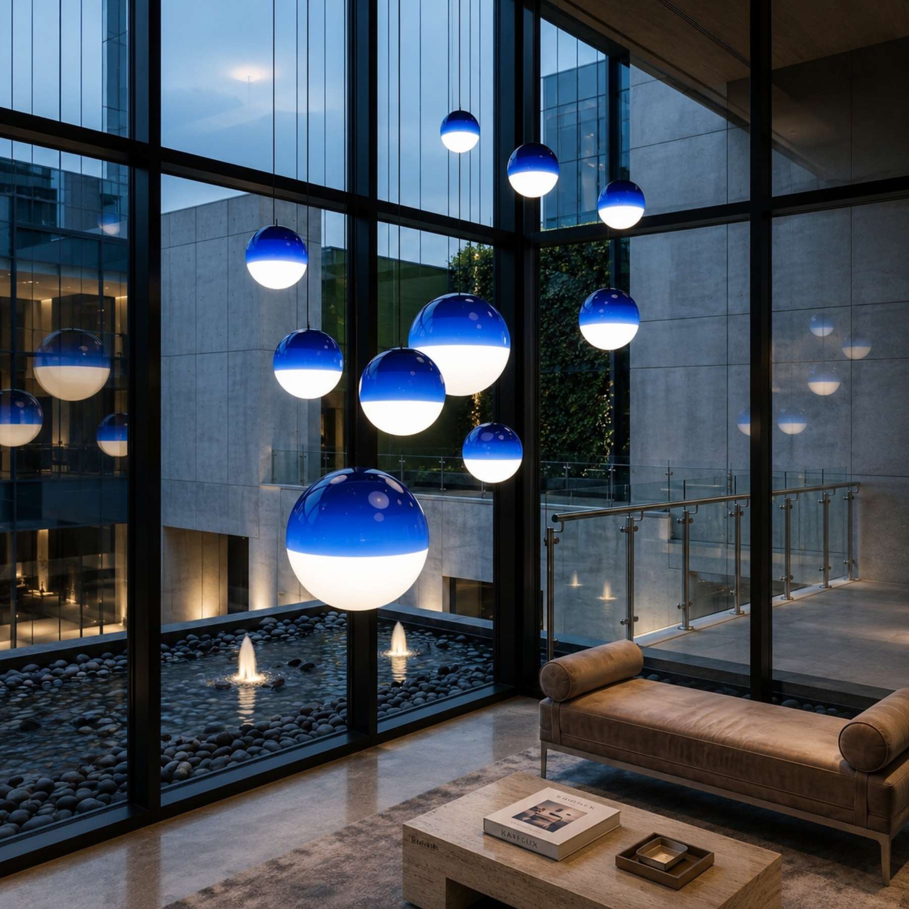 Luminária pendente de vidro azul Ori em ambiente contemporâneo