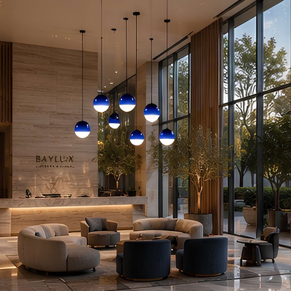 Luminária pendente de vidro azul Ori instalada em sala contemporânea