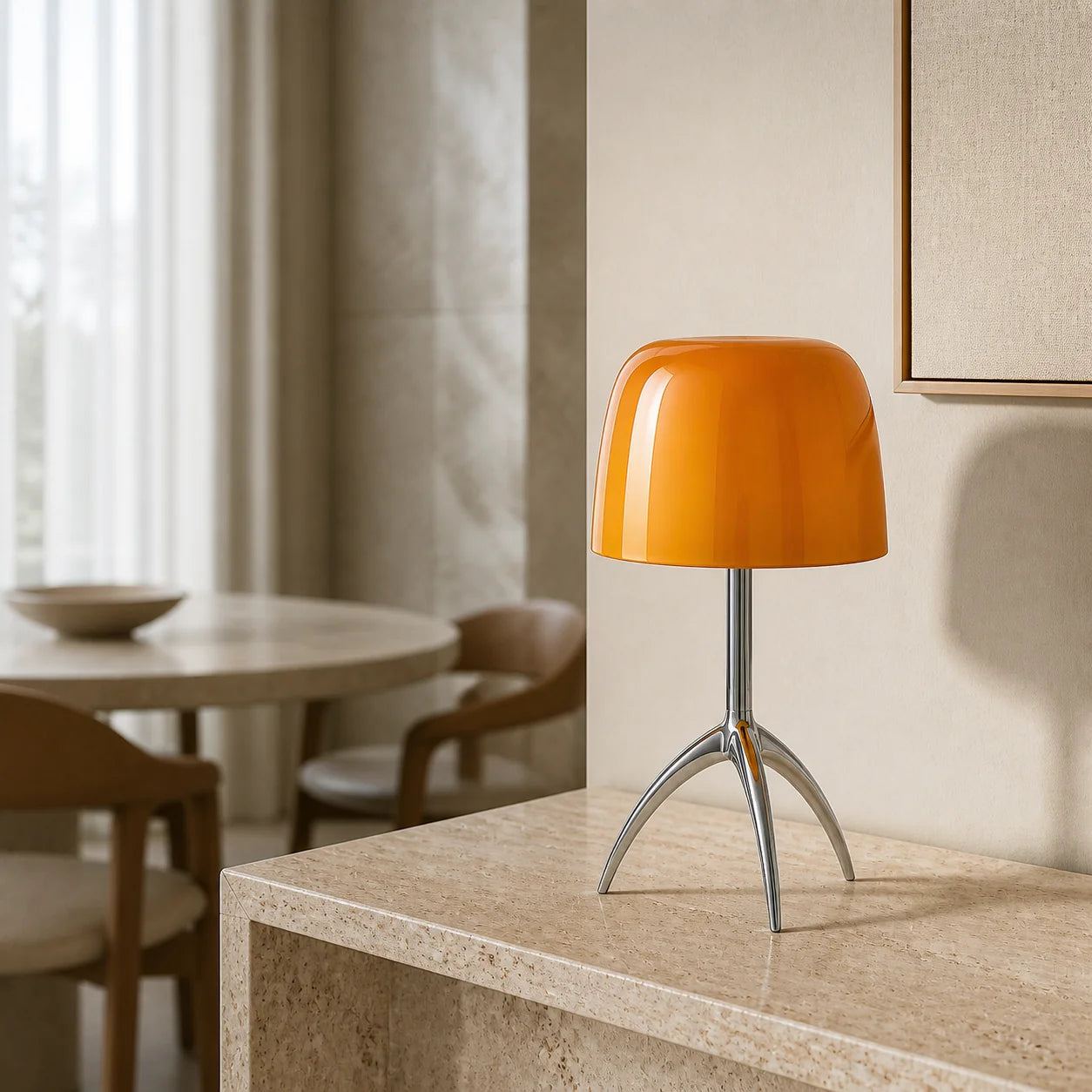 Luminária de Mesa Lumière Laranja | Vidro e Base Cromada