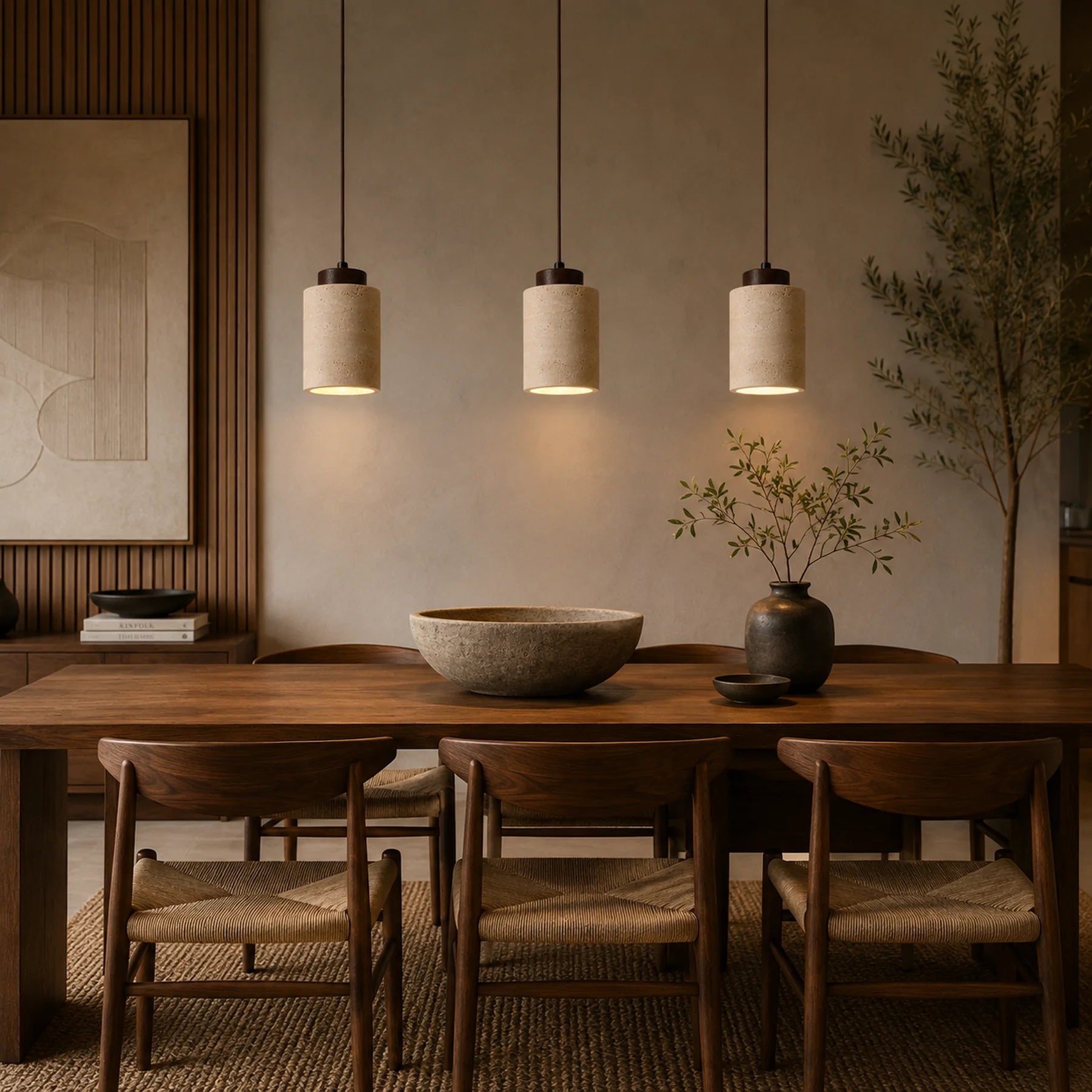Luminária pendente para sala de jantar em composição sobre a mesa