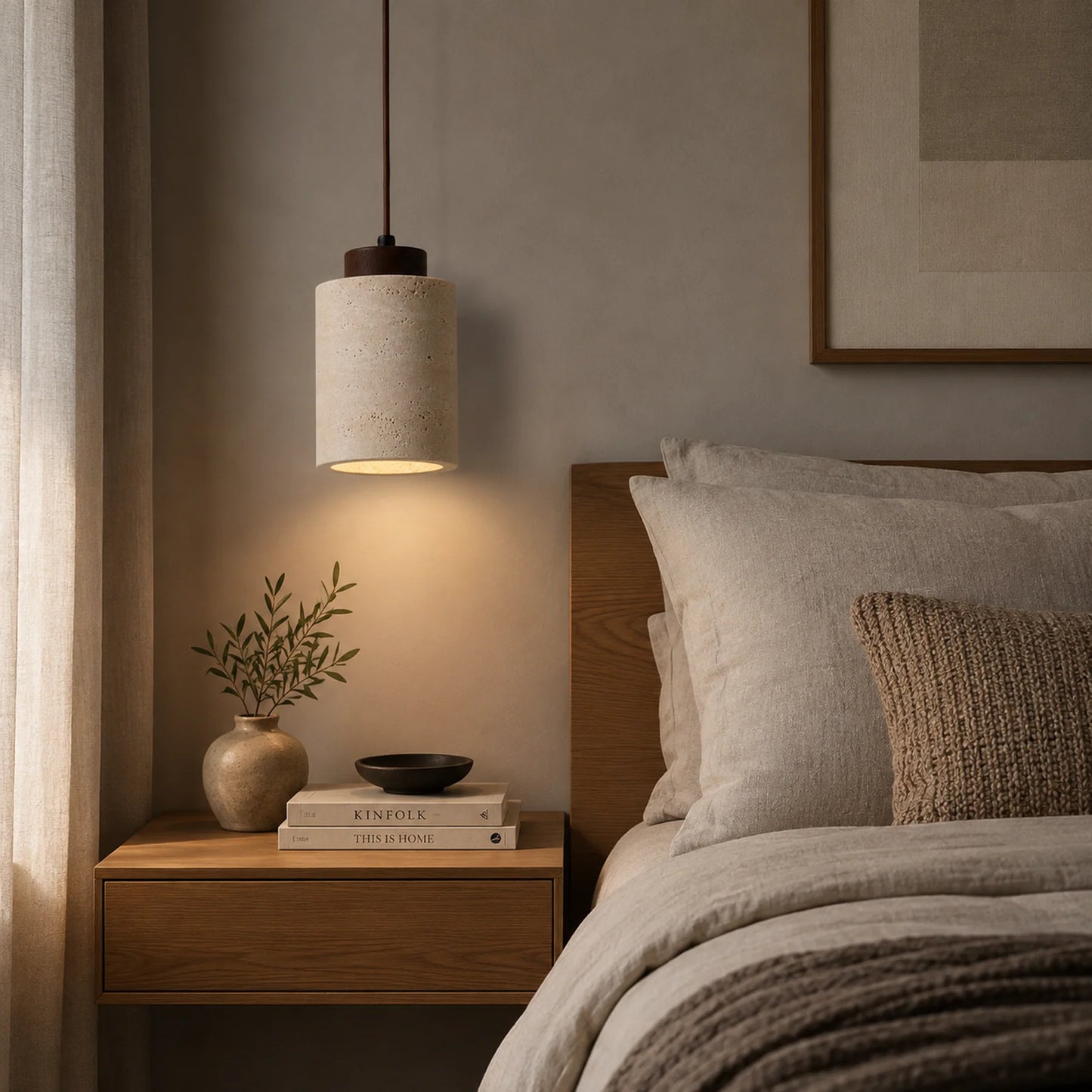 Luminária pendente para quarto em travertino ao lado da cama