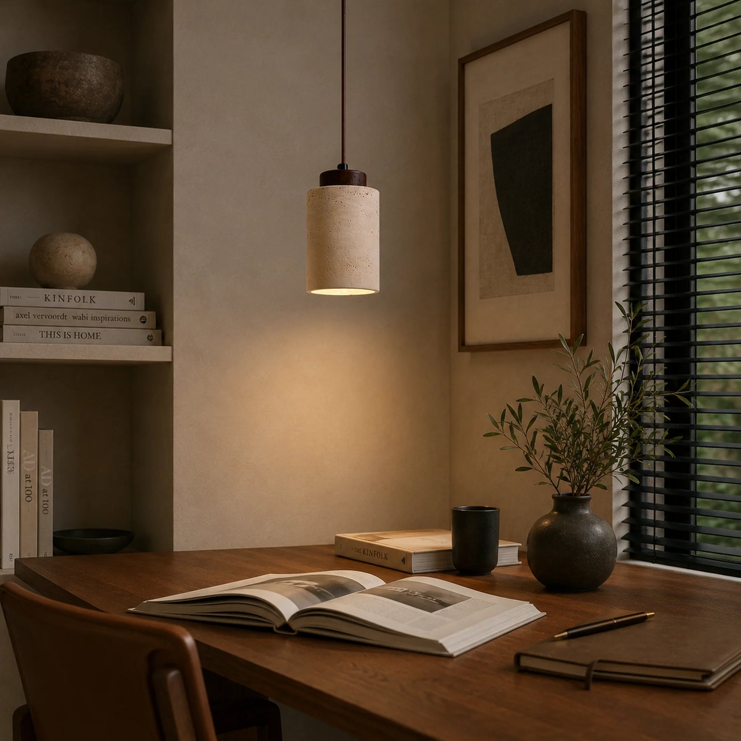 Luminária pendente em travertino em home office contemporâneo