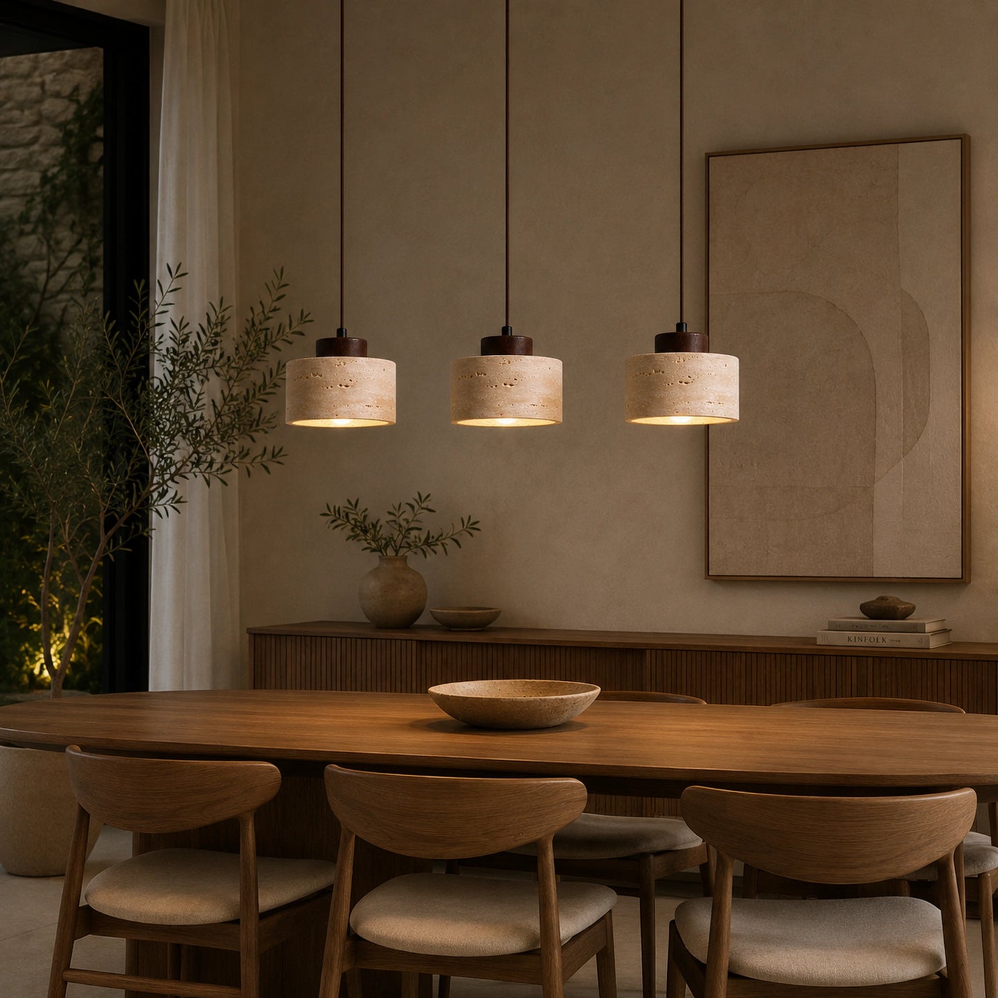Conjunto de luminárias pendentes travertino sobre mesa de jantar
