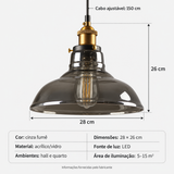 Luminária pendente de vidro cinza fumê — medidas