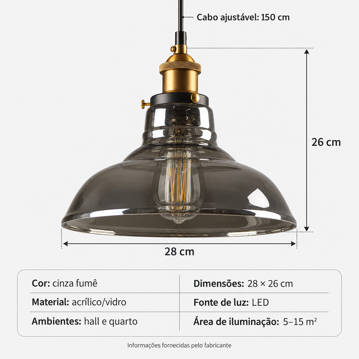 Medidas do pendente fumê: 28 por 26 cm e cabo ajustável de 150 cm