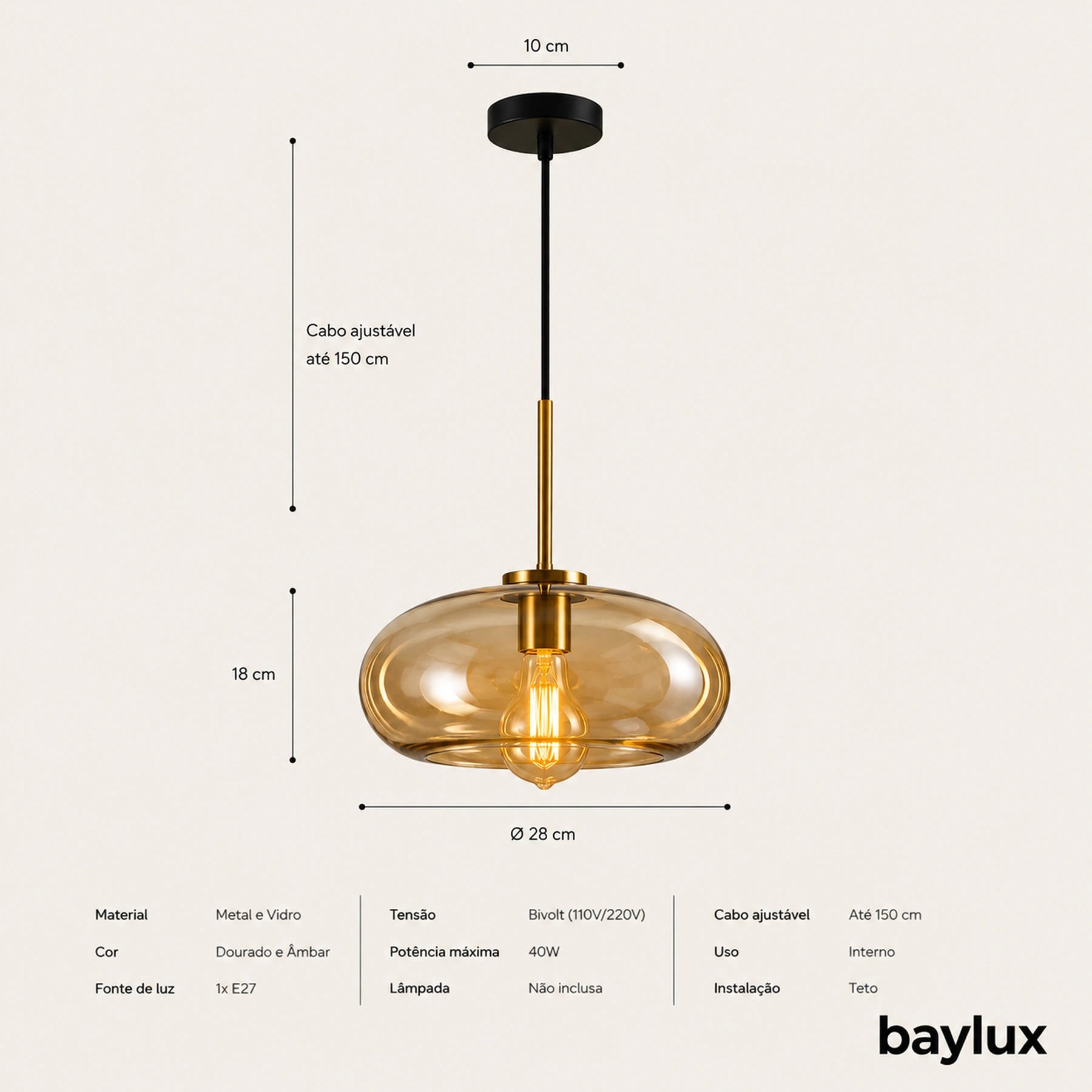 Medidas da luminária pendente cognac 28 cm em vidro âmbar