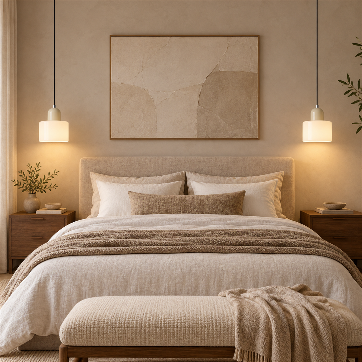 Dois pendentes de vidro branco e marfim, um de cada lado da cama em quarto de casal.
