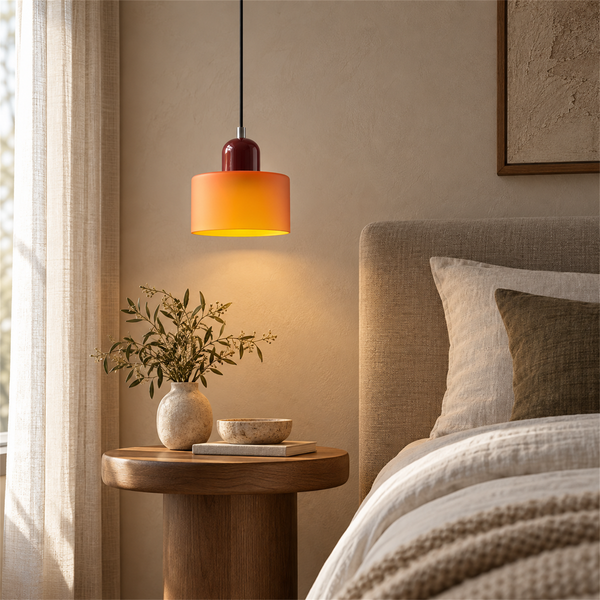 Luminária pendente laranja e vinho em quarto com cabeceira estofada e mesa de apoio.