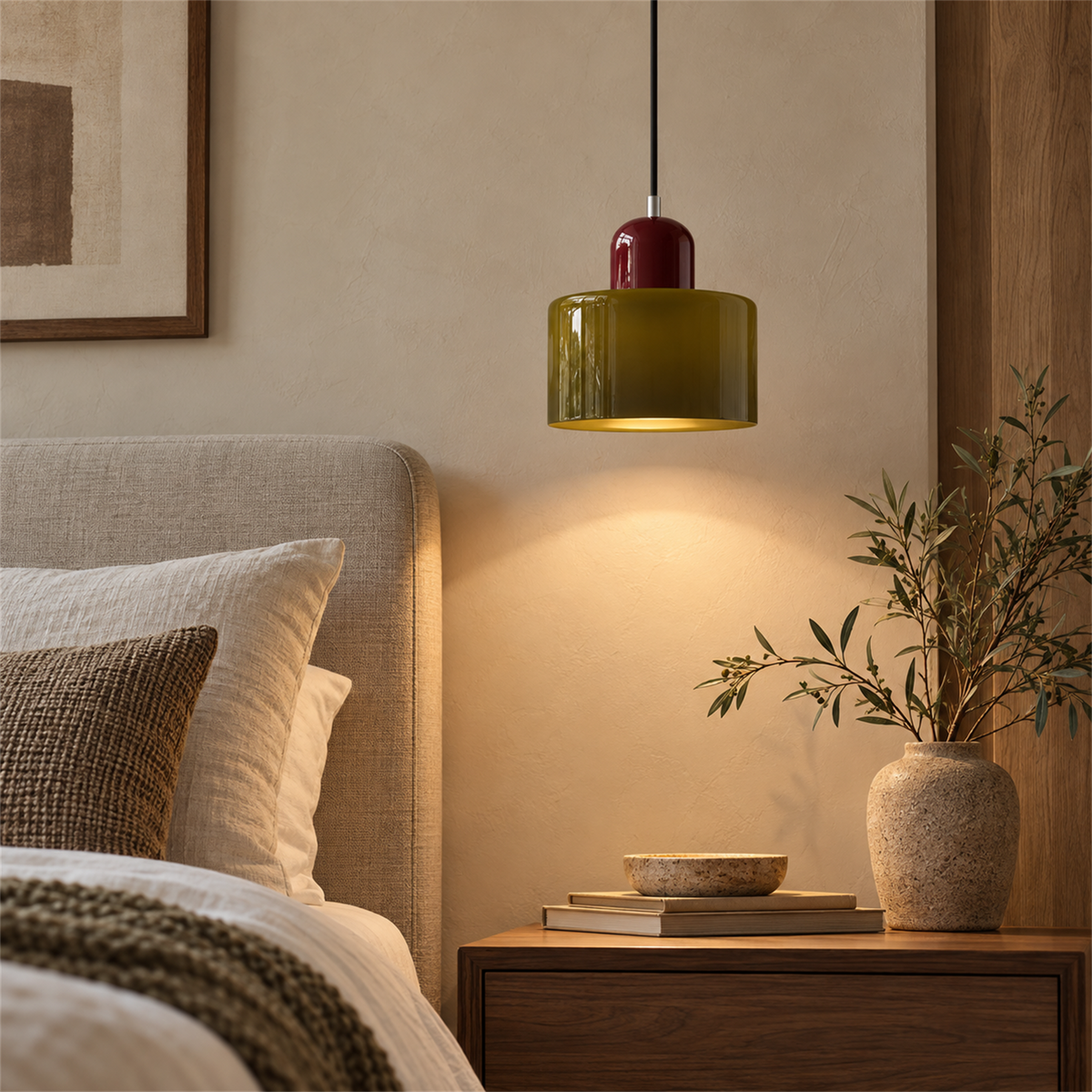 Luminária pendente verde oliva e vinho em quarto com cabeceira estofada e mesa de apoio.