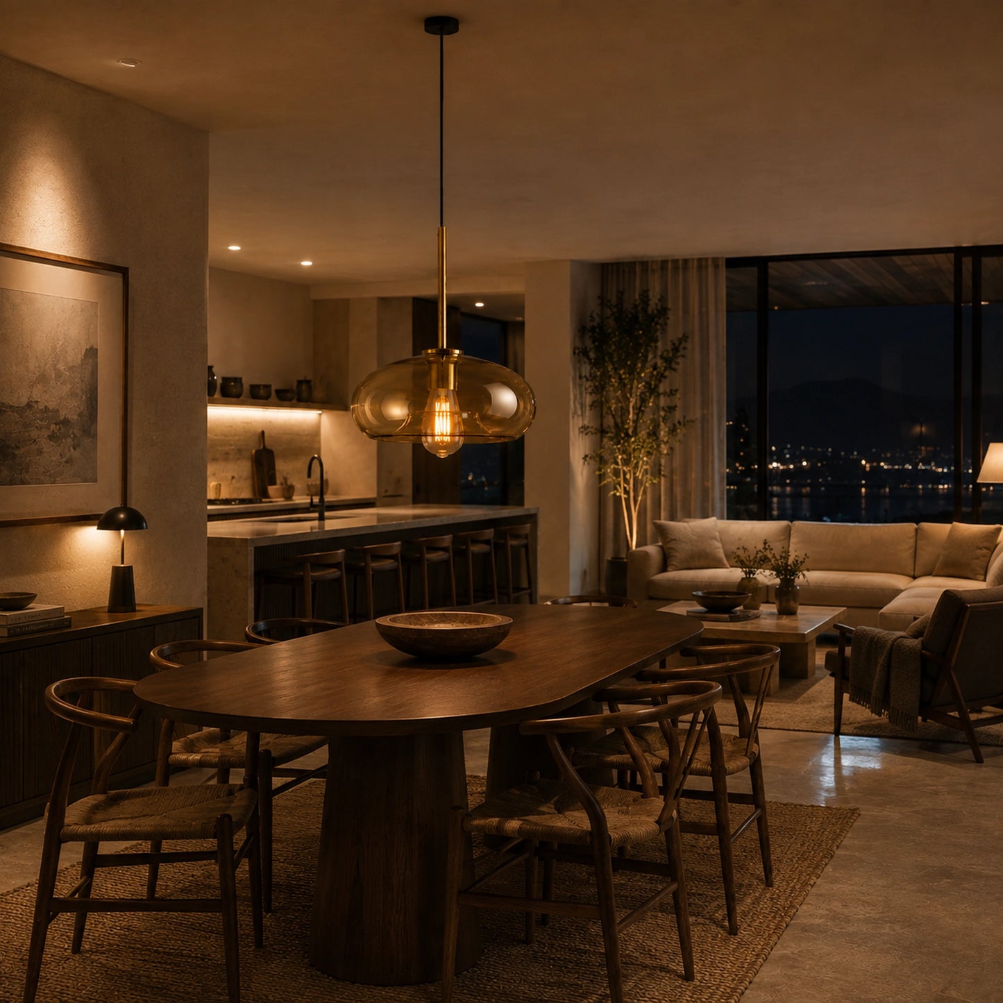 Pendente de vidro âmbar cognac em ambiente claro com luz natural