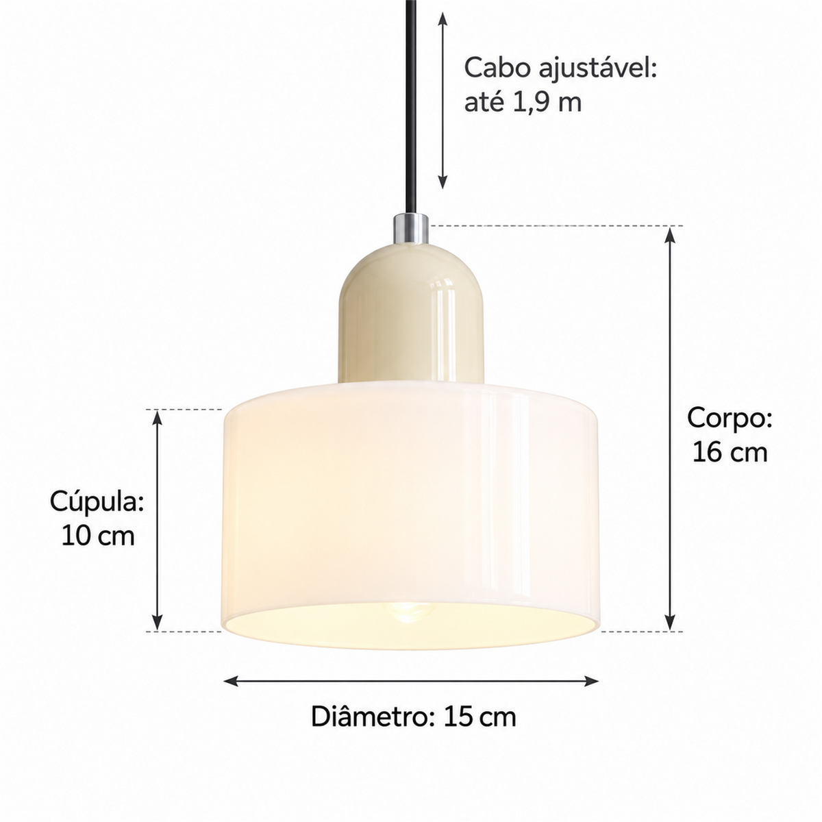 Medidas do pendente branco leitoso e marfim: diâmetro de 15 cm, cúpula de 10 cm, corpo de 16 cm e cabo ajustável até 1,9 m.