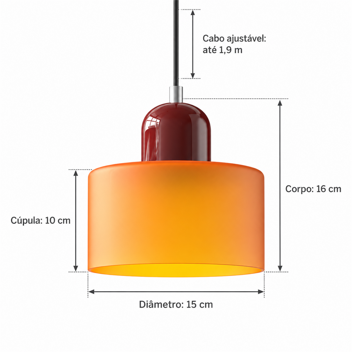 Medidas do pendente laranja e vinho: diâmetro de 15 cm, cúpula de 10 cm, corpo de 16 cm e cabo ajustável até 1,9 m.