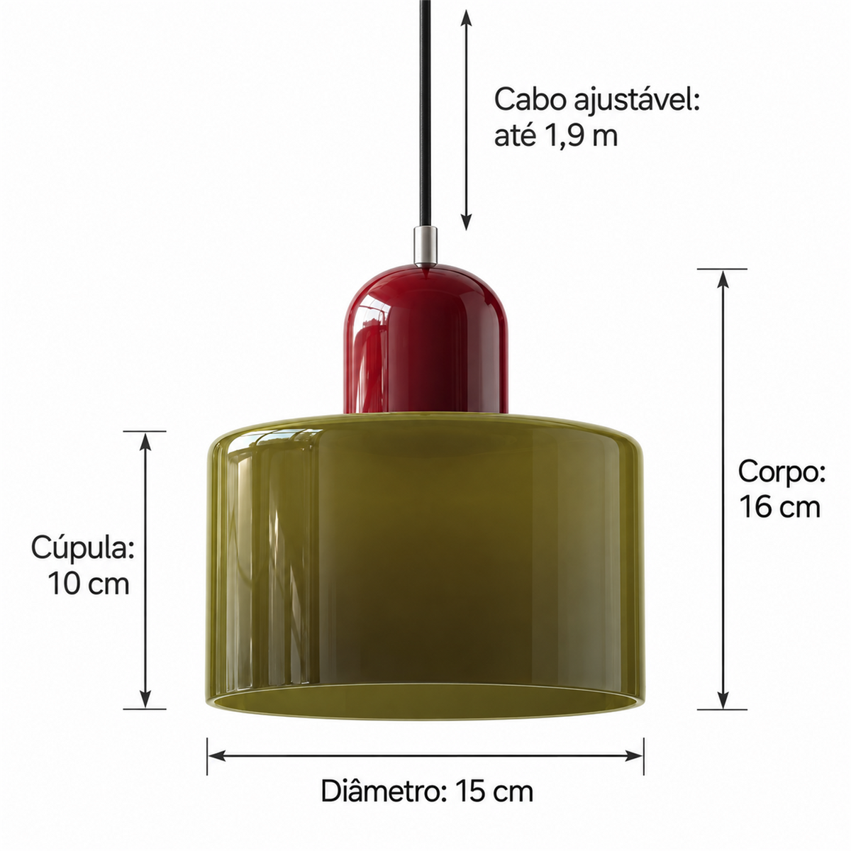 Medidas do pendente verde oliva e vinho: diâmetro de 15 cm, cúpula de 10 cm, corpo de 16 cm e cabo ajustável até 1,9 m.